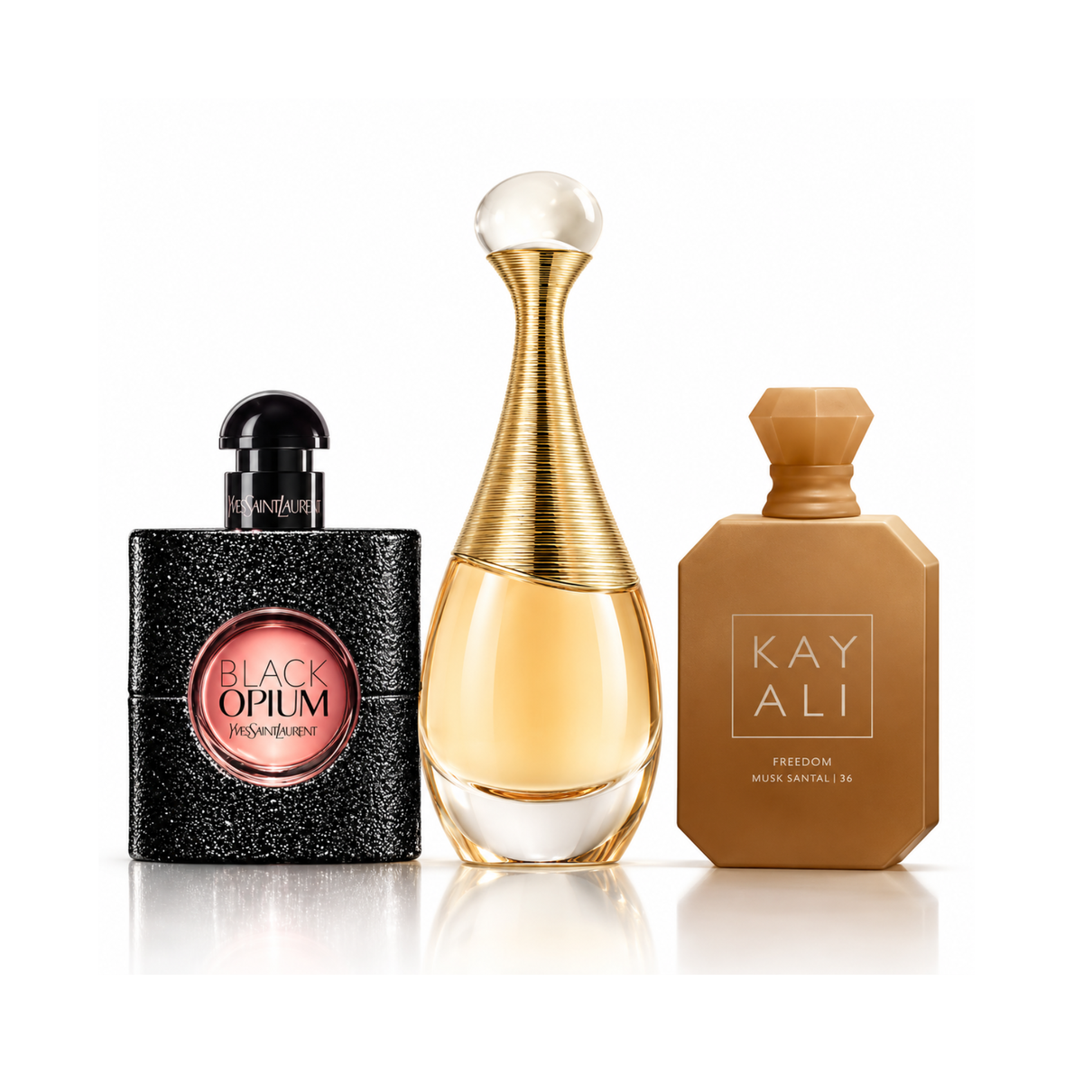 Set de 3 parfumuri | Black Opium YSL Eau de Parfum – 90 ml | J'adore Dior Eau de Parfum – 100 ml | Freedom Musk Santal | 34 Kayali Eau de Parfum – 100 ml